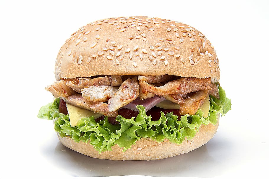 pork cutlet burger, kebab, sandwich, pork, food, fast, meal, lunch, meat, tomato