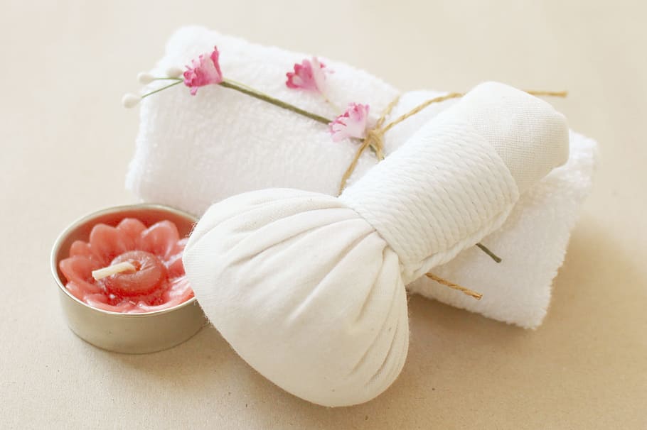 white, cushion, top, surface, Spa, Herbal, Compress, Candle, Towel, herbal compress