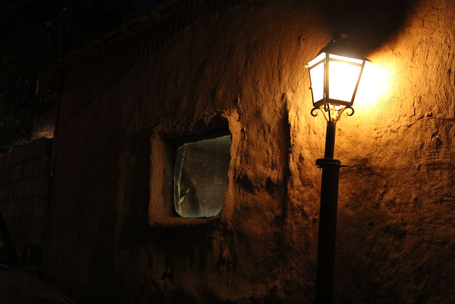 lighted pole lamp, light, lantern, night, adobe, san pedro de atacama, heritage, window, street, dark
