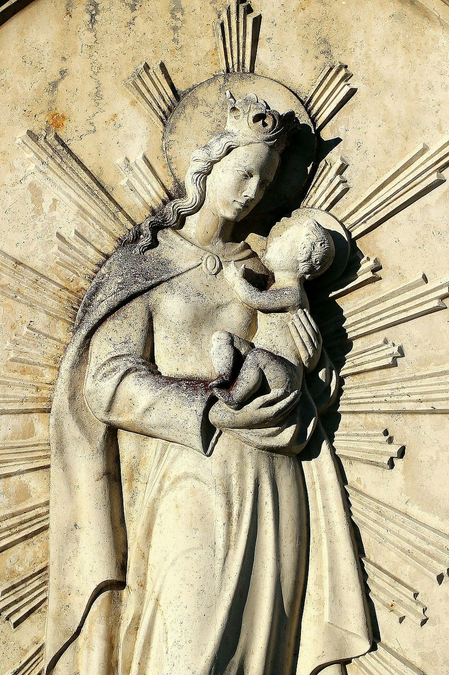 relief, stone, madonna, mother of god, jesus christ, christianity, mother, child, figure, maria