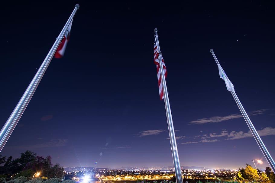 view, three, asian flags, flags, poles, american, usa, banner, national, nation