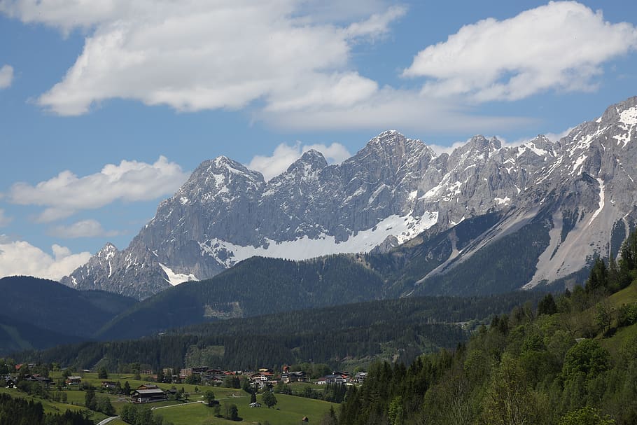 sky, mountains, landscape, nature, clouds, forest, alpine, scenic, beautiful, mountain