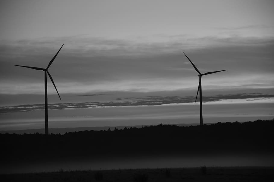 Windräder, nascer do sol, paisagem, outono, cinza, preto, branco, energia renovável, geração de combustível e energia, energia alternativa