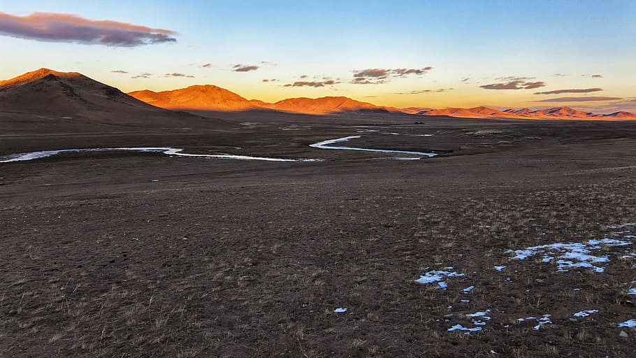 Landscape, Mongolia, khenti, december, sunset, red, frozen rivers, nature, desert, mountain