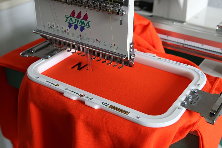 white, tajima, commercial, embroidery machine, embroidery, sweater, yarn, red, technology, industry