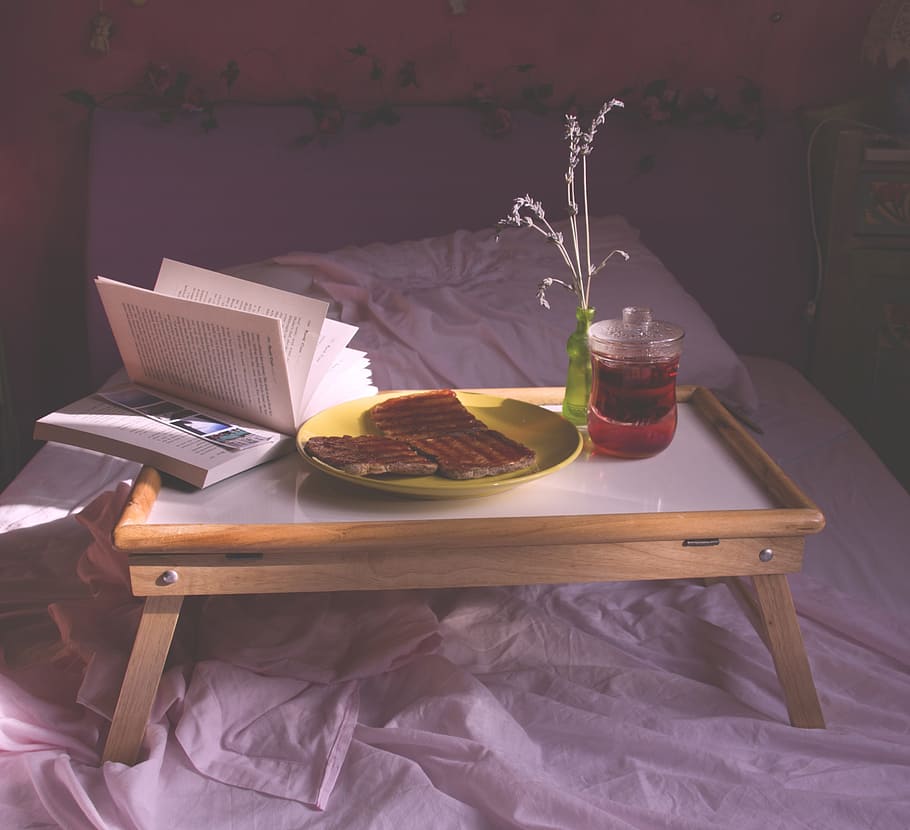 brown, wooden, tray, book, dish, breakfast, table, food, sunlight, lavender