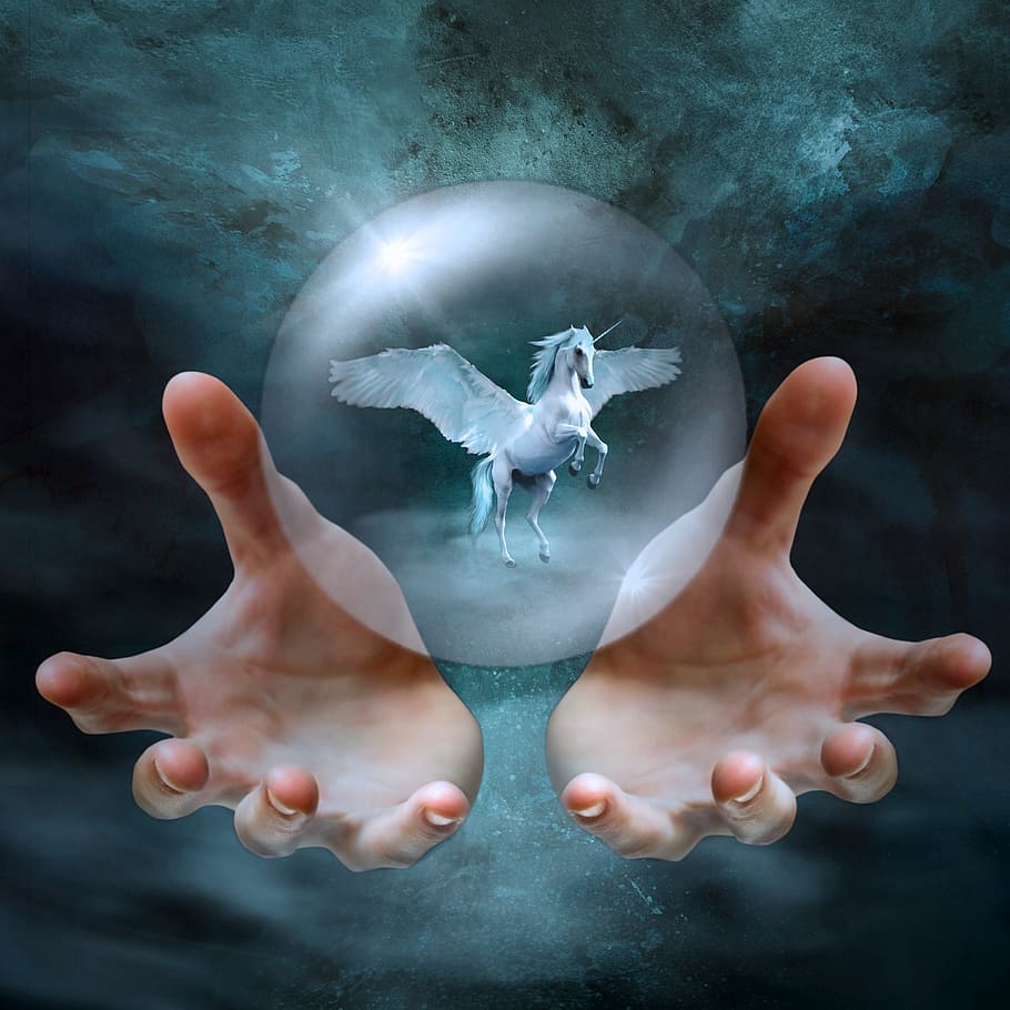 Blanco, Pegasus, dentro, claro, bola de cristal, cubierta de CD, fantasía, manos, burbuja, bola