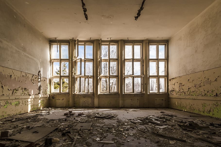 blanco, de madera, enmarcado, claro, ventana de vidrio, ruina, transcurrido, decadencia, salir, antigua fábrica