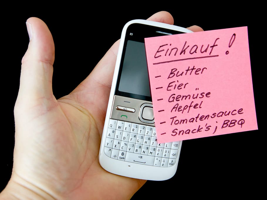 mão, móvel, observação, lista, embaixada, mensagem, compra, telefone, telefone celular Mão humana, tecnologia