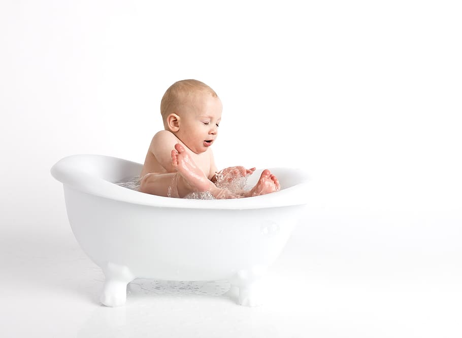 child, baby, minimalist, white background, cute, portrait, sitting, bath, happy, young