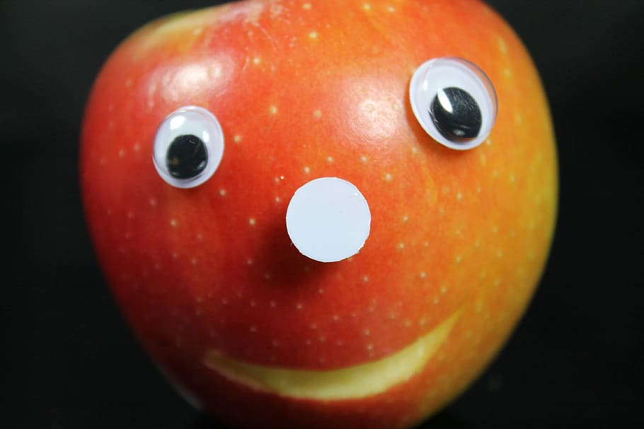 apple, face, eyes, nose, fruit, figures, bite, bite off, cheerful, healthy