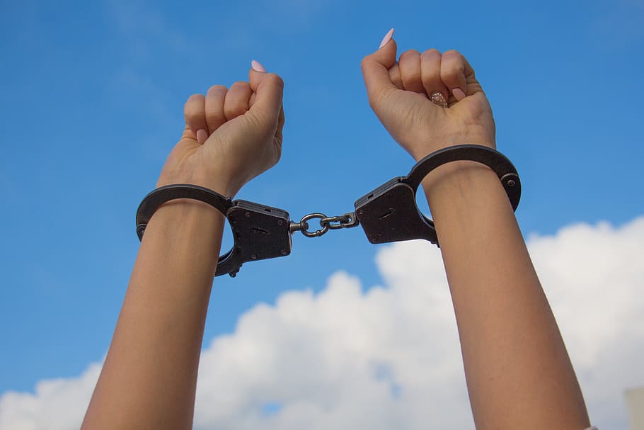 sky, hands in handcuffs, female hands, manicure, being shackled by handcuffs, dom, captivity, human body part, human hand, hand
