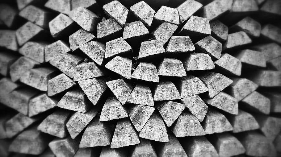 grayscale photo, pile, wooden, plank lot, bullion, silver, bar, metal, old, gray