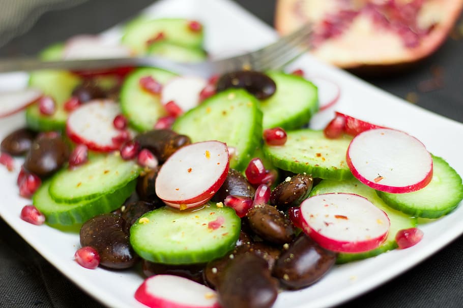 sliced, cucumber, beans, white, ceramic, tray, salad, radishes, pomegranate, healthy