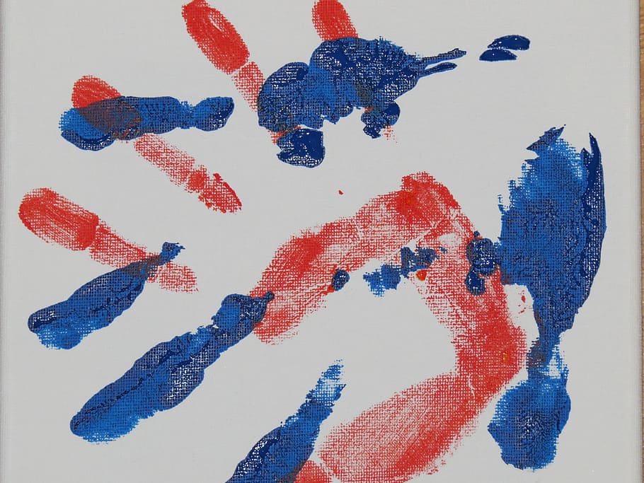 blue, red, hand print artwork, hand, handprint, finger paints, watercolor, reprint, children, paint