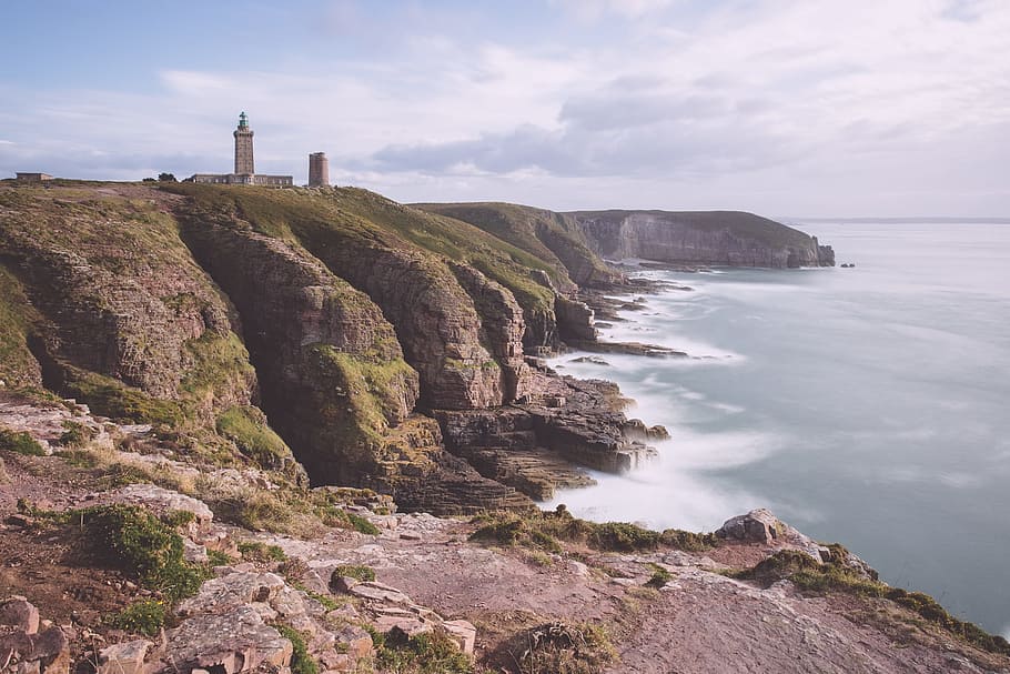 body, water, Coast, Lighthouse, Sea, Rock, Brittany, landmark, atlantic coast, forward