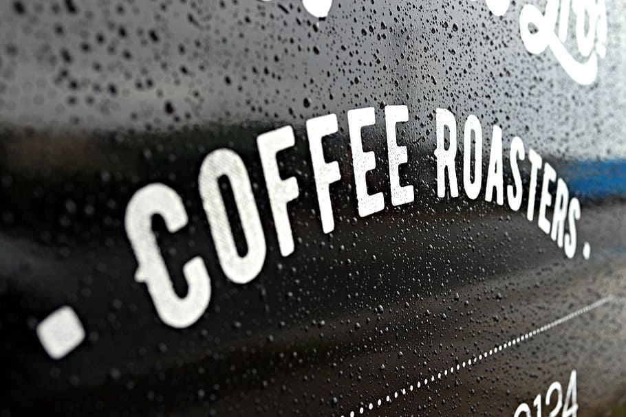 coffee roaster, signage, shop, cold, rain drops, aroma, city