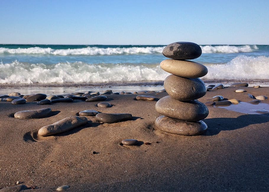 five, stacked, stones, beach, rocks, balance, beach shore, sea, wave, pebble