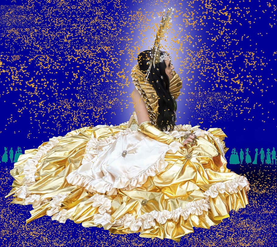 Costume, Woman, Colorful, Female, Panel, headdress, gold, sparkle, glitter, dress up