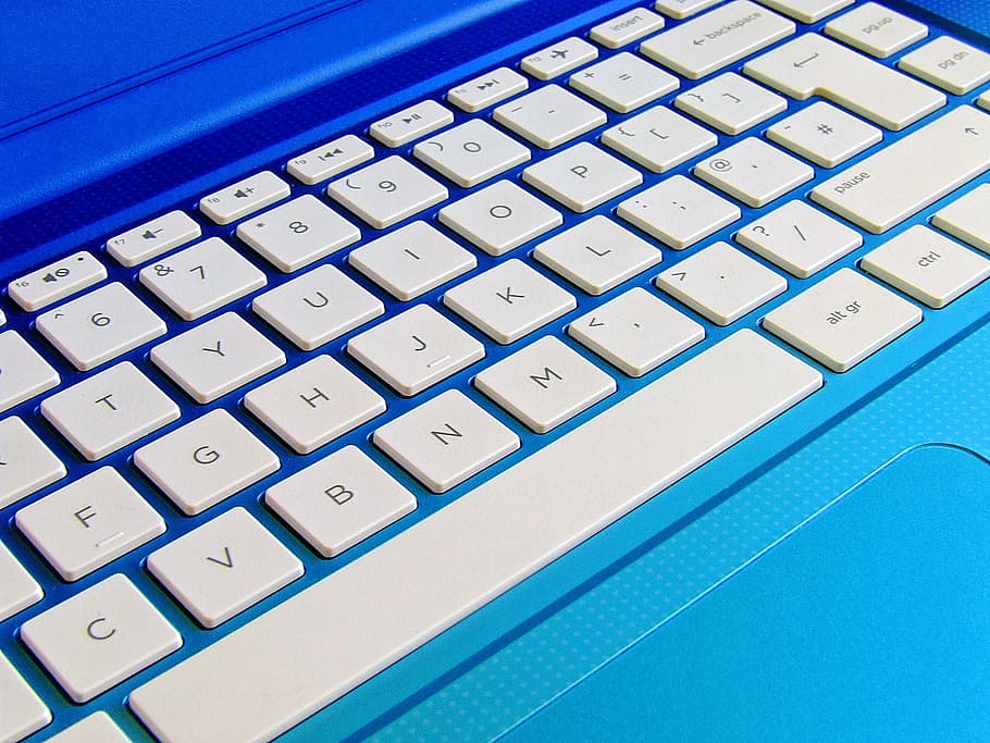 white, blue, laptop computer, laptop keyboard, computer keyboard, white keyboard, computer, laptop, keyboard, technology