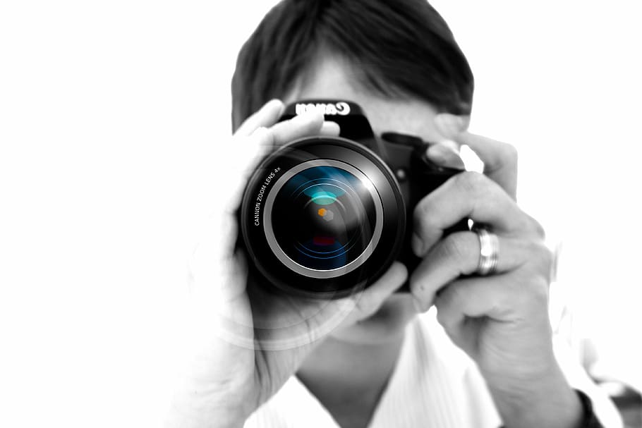 closeup, person, holding, camera, woman, hand, lens, photographer, digital, girl