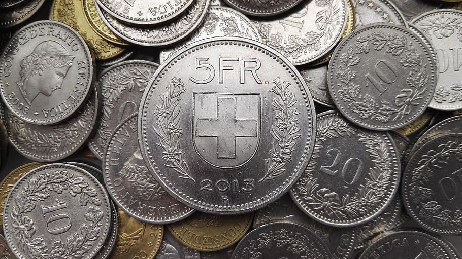 franks, switzerland, chf, coins, money, helvetia, confederatio helvetia, ch, finance, coin