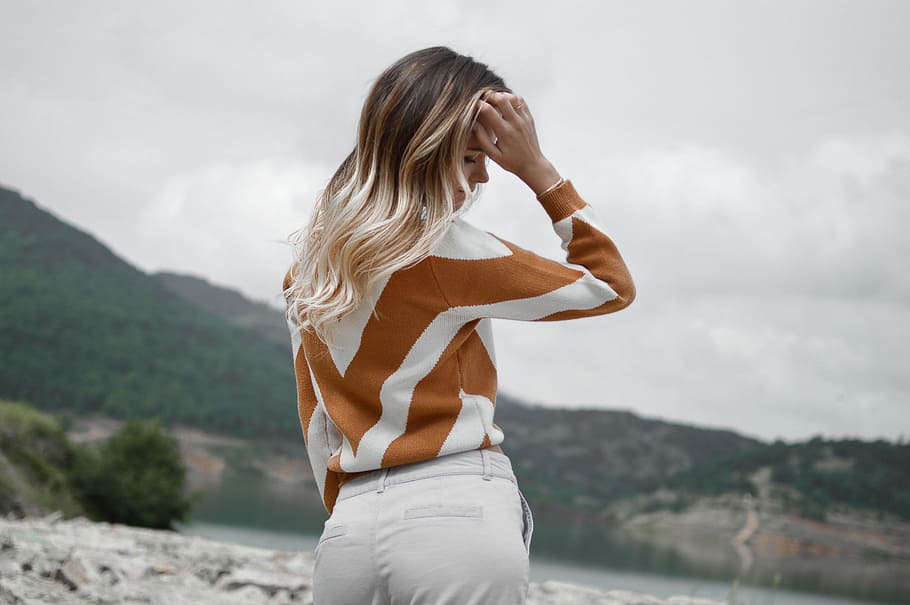 woman, wearing, brown, white, long-sleeved, top, pants, people, fashion, beauty