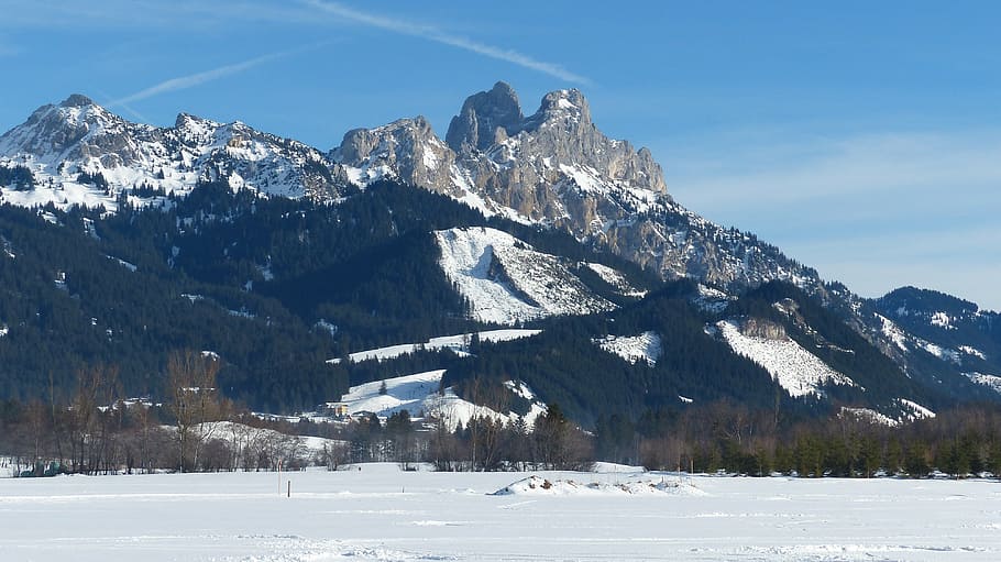 Tirol, tannheimertal, rojo flüh, gimpel, invierno, nieve, cielo, azul, panorama, frío