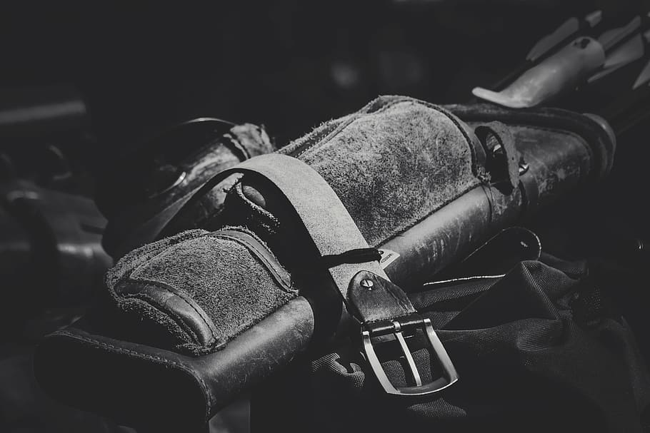 grayscale photo, black, bag, leather, belt, white, black and white, monochrome, military, war