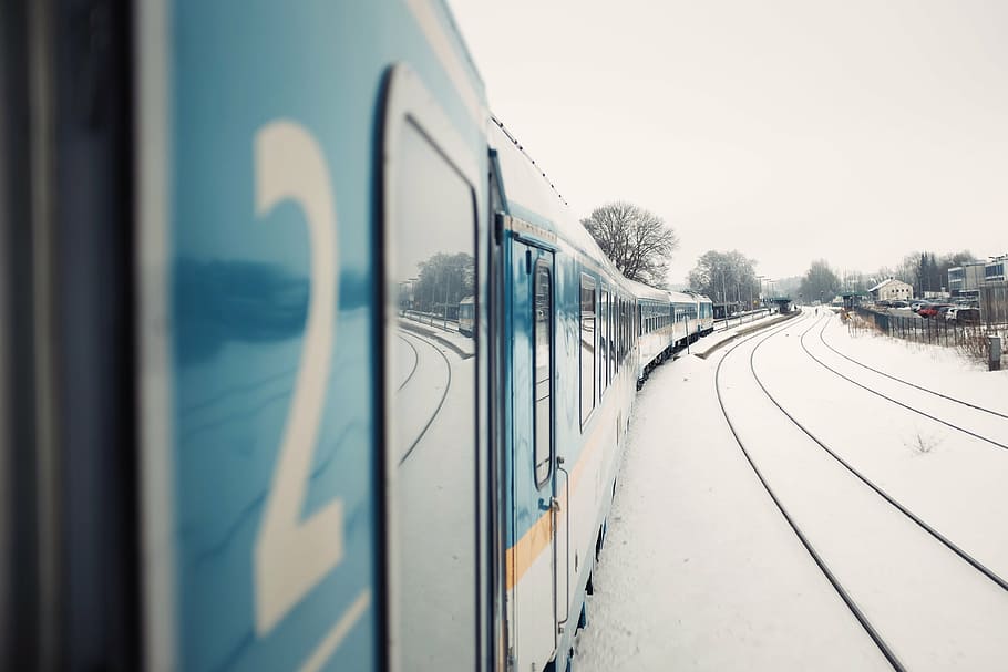 selective, focus photography, green, train, winter, transportation, rail, track, trees, vehicle