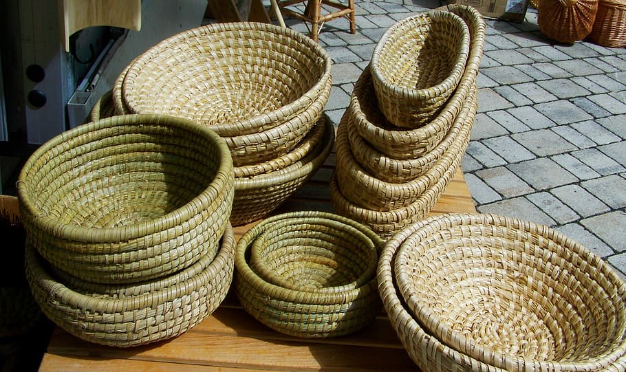 straw basket, wicker basket, handmade product, basket, wicker, cultures, woven, stack, large group of objects, pattern