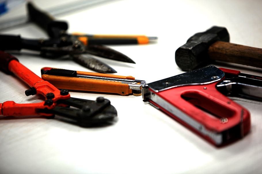 bolt cutter, staple gun, box cutter, white, surface, tools, hammer, puncher, scissors, stapler