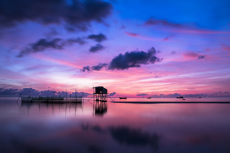 foto, refletindo, sol, claro, agua, nascer do sol, Phu Quoc, ilha, oceano, paisagem
