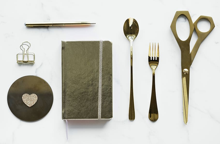 gray, stainless, steel cutlery, white, wooden, surface, scissors, utensil, tool, steel
