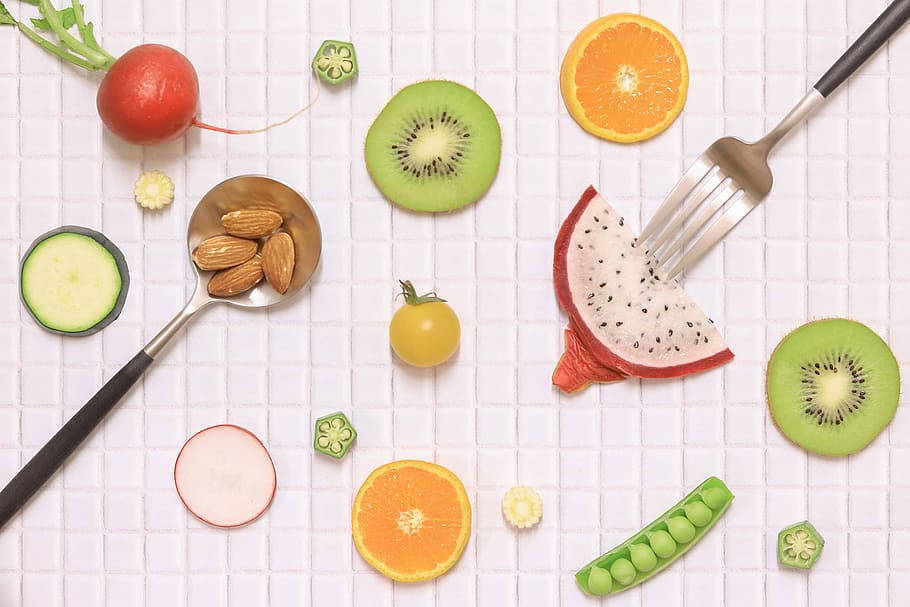 atas, melihat, diiris, buah-buahan, sayuran, meja, makanan, buah, latar belakang, Warna hijau