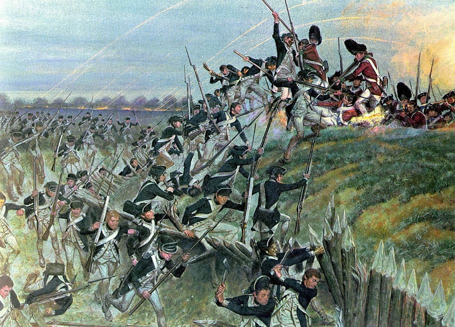 redoubt 10, american soldiers, Storming, Redoubt, Soldiers, American Revolution, battle, painting, public domain, siege