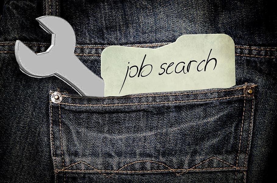 llave inglesa, bolsillo, superposición de texto de búsqueda de trabajo, pantalones, bolso, lista, trabajo, búsqueda, desempleados, jeans
