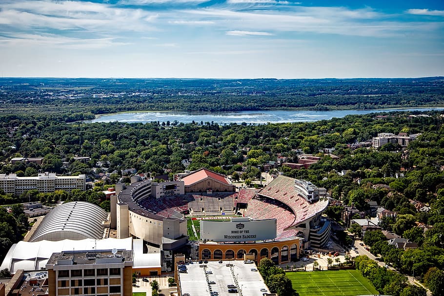 madison, wisconsin, university of wisconsin, camp randall stadium, sports, buildings, structure, lake, landscape, aerial view