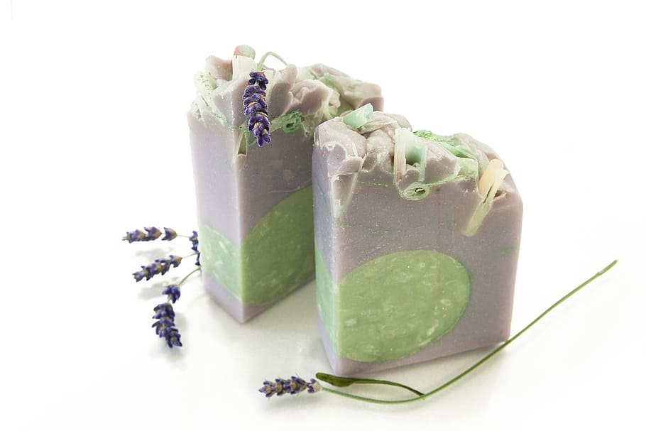 two green-and-purple soaps, soap, body care, natural soap, wellness, cosmetics, natural cosmetics, decoration, bad, care