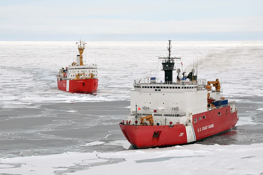 two, white-and-red boats, body, icy, water, Ice Breakers, Ships, Winter, Ocean, ice