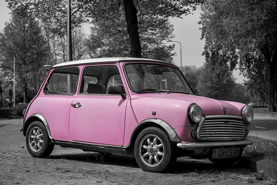 selective, color photography, pink, 3-door, 3- door hatchback, mini, car, fun, bright, female