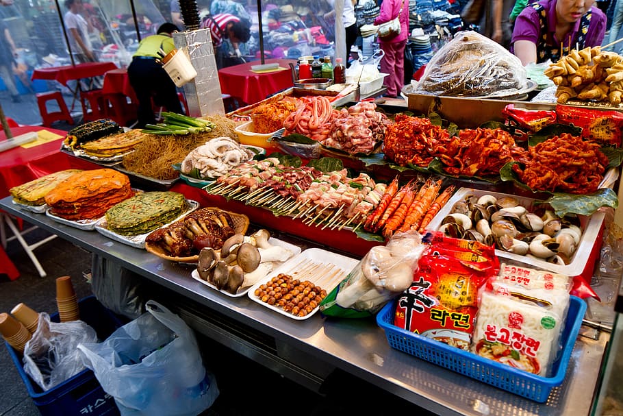 assorted, street food lot, stainless, steel table, namdaemun market, seoul, korea, food, market, korean