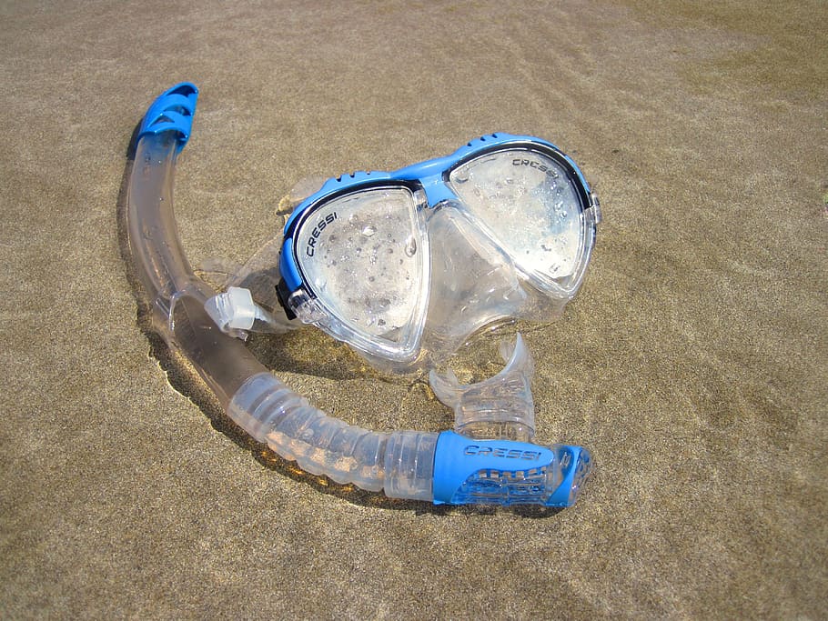 blue, clear, swimming, goggles, snorkel, beach, dive, diving, mask, sand