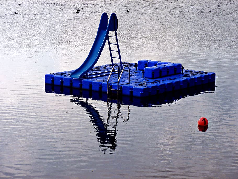 stadtparksee, Danau, bermain anak-anak ponton, air, seluncuran air, seluncuran, kesenangan untuk anak-anak, biru, berenang, pulau terapung