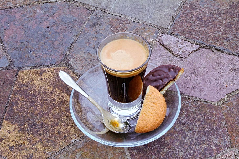 morning coffee, cup, glass, spoon, saucer, table, chocolate, biscuit, beverage, espresso