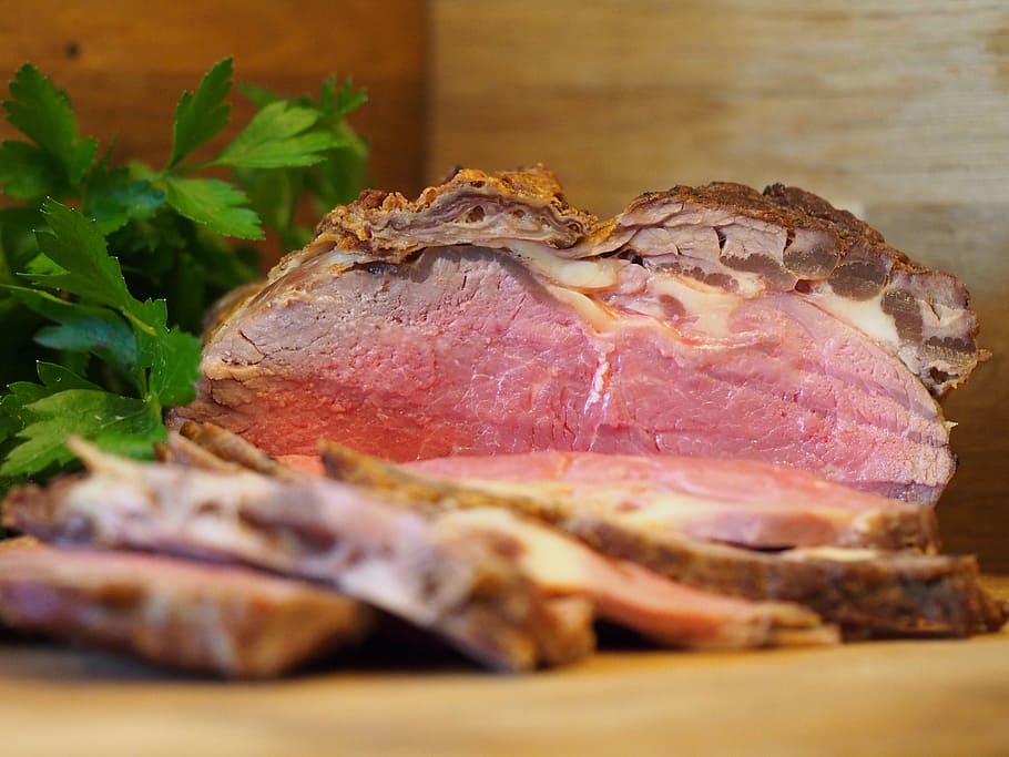 ham dan peterseli, irisan daging sapi, daging sapi panggang, steak, sirloin, daging, makanan dan minuman, makanan, kesegaran, daging merah