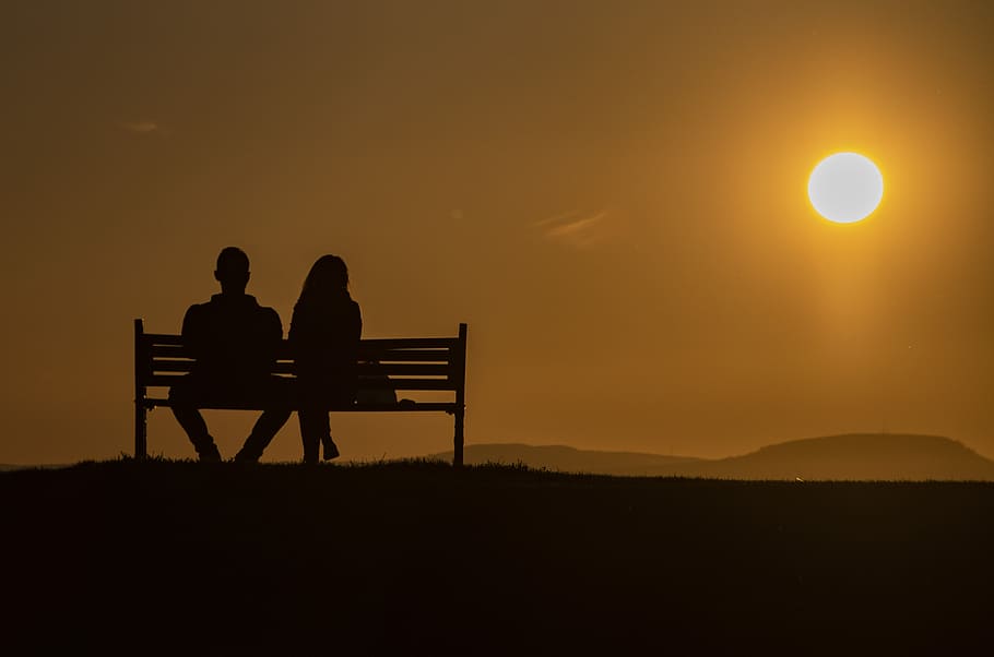 Battery, Pt, silhouette, couple, sitting, bench, watching, sunset, sky, men