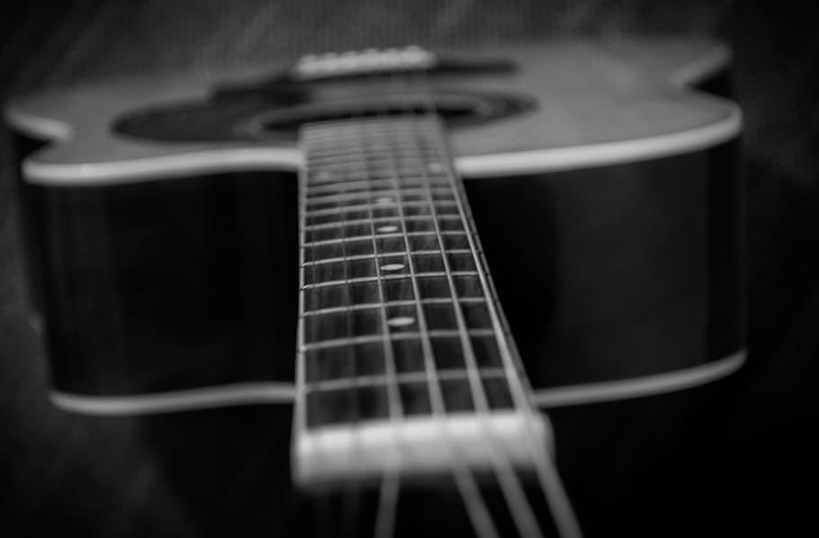 guitar, black, white, acoustic, music, strings, bokeh, instrument, musical, blur
