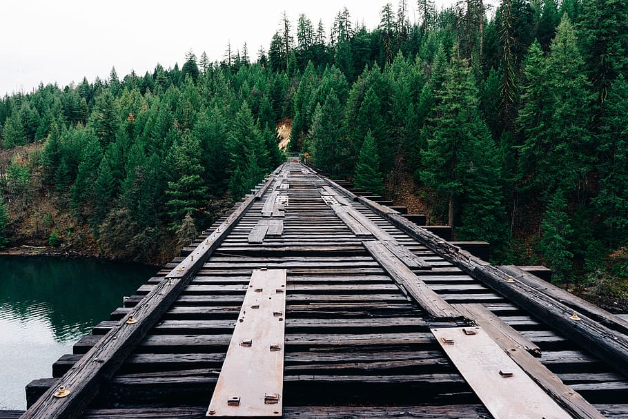 empty, wooden, rail track, water, daytime, brown, black, steel, train, rack