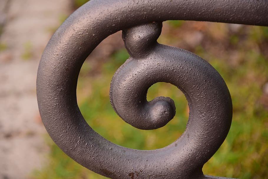 spiral, cast iron, beautiful, macro, decoration, close up, iron, metal, focus on foreground, day